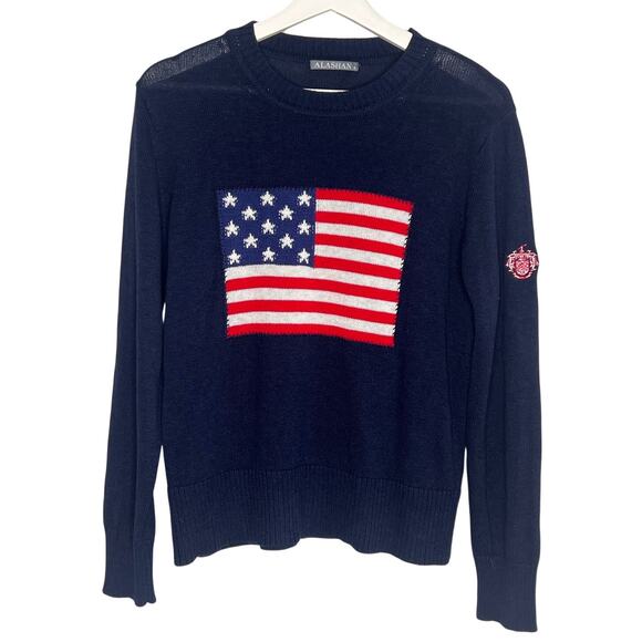 Alashan American Flag Long Sleeve Crew Neck Pullover Sweater Navy Multi Medium - Picture 1 of 7